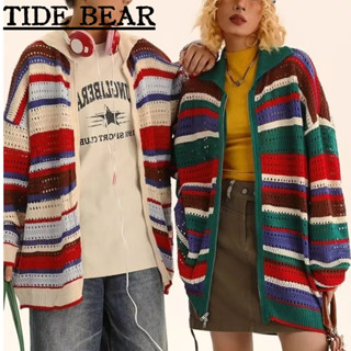 TIDE BEAR เสื้อถักผู้ชาย อเมริกันเรโทรถนน สีคมชัดกลวงสีลายซิปหลวมสบายๆคู่คาร์ดิแกน