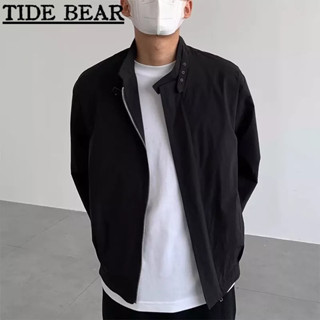 TIDE BEAR เสื้อผู้ชาย เกาหลีย้อนยุคสบายๆ ความรู้สึกระดับไฮเอนด์ที่เรียบง่ายหลวมขนาดเล็กยืนขึ้นปกสีดำด้านบน