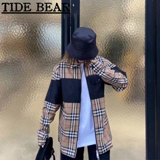 TIDE BEAR เสื้อผู้ชาย อเมริกันเรโทรถนน ผ้าตาหมากรุกเย็บปะติดปะต่อกันคู่ลำลองยืนขึ้นปกแฟชั่นแขนยาว