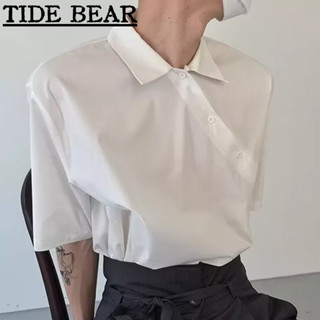 TIDE BEAR เสื้อยืดผู้ชาย เกาหลีย้อนยุคสบายๆ ผ้าฝ้ายแท้กระชับหลวมสีทแยงมุมอกคู่ปกด้านบน