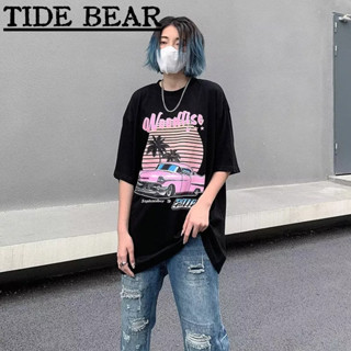 TIDE BEAR เสื้อยืดผู้ชาย อเมริกันเรโทรถนน ที่เรียบง่ายและทันสมัยจดหมายรถพิมพ์เสื้อคู่