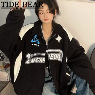 TIDE BEAR เครื่องแบบเบสบอลชาย อเมริกันเรโทรถนน รถจักรยานยนต์สไตล์ตัวอักษรพิมพ์ซิปปกคาร์ดิแกน