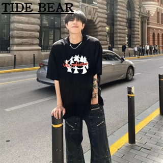 TIDE BEAR เสื้อยืดผู้ชาย อเมริกันย้อนยุคถนนแขนสั้น พิมพ์ตัวอักษรระดับไฮเอนด์ฮิปฮอปแฟชั่นด้านบน