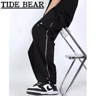 TIDE BEAR กางเกงผู้ชาย อเมริกันเรโทรถนน ถนนสูงด้านซิปปุ่มกางเกงตรงระดับไฮเอนด์