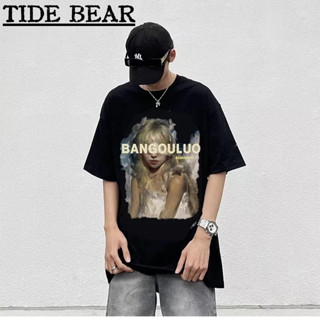 TIDE BEAR เสื้อยืดผู้ชาย อเมริกันย้อนยุคแขนสั้น อักขระตัวอักษรพิมพ์เสื้อแขนครึ่งคู่หลวม