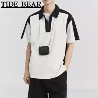 TIDE BEAR เสื้อโปโลผู้ชาย เกาหลีย้อนยุคแขนสั้นลำลอง ความคมชัดฤดูร้อนเย็บหลวมครึ่งห่วงโซ่ปกด้านบน