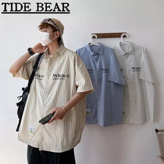 TIDE BEAR เสื้อผู้ชาย เกาหลีย้อนยุคสบายๆ Summerร้อนแฟชั่นสูงลายตัวอักษรพิมพ์แขนสั้น