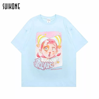 Suikone   เสื้อยืดผู้ชายแขนสั้นลำลองแฟชั่น dopamine สไตล์ฮิปฮอปหลวมคอกลมแขนสั้นท็อปส์ซูสามารถสวมใส่ได้ทั้งชายและหญิง