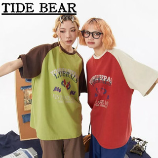 TIDE BEAR เสื้อยืดผู้ชาย อเมริกันเรโทรถนน ผ้าฝ้ายแท้ผ้าฝ้ายสีแดงคู่หนักถนนสูงแขนสั้นด้านบน