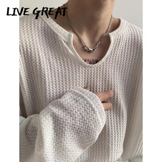 LIVE GREAT เสื้อยืดคอกว้างแฟชั่นสำหรับทั้งชายและหญิงเสื้อยืดแขนยาว