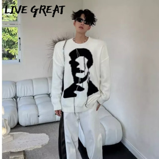 LIVE GREAT เสื้อกันหนาวผู้ชายเทรนด์ใหม่แฟชั่นอเมริกันย้อนยุคเฉพาะพู่เสื้อคอเต่าหลวมสบาย ๆ เสื้อสเวตเตอร์คอกลม