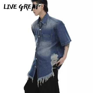 LIVE GREAT เสื้อเชิ้ตผู้ชายเทรนด์ใหม่แฟชั่น high-end โพรงออกแบบย้อนยุคแขนสั้นหลวมสบาย ๆ แจ็คเก็ตยีนส์ปกทุกการแข่งขัน