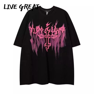 LIVE GREAT เสื้อยืดไฮสตรีท คอตตอน 100% ใหม่ อักษรควันสีชมพู ไขว้ หลวม แขนสั้น ย้อนยุคอเมริกัน