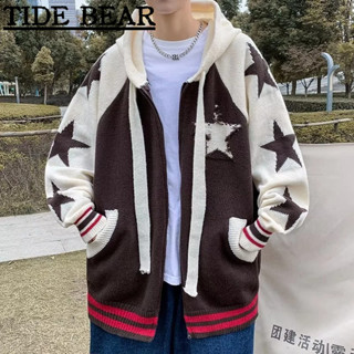 TIDE BEAR เสื้อถักผู้ชาย เกาหลีย้อนยุคสบายๆ ความคมชัดสีดาวผู้หญิงหลวมแฟชั่นหมวกขาวเสื้อกันหนาว