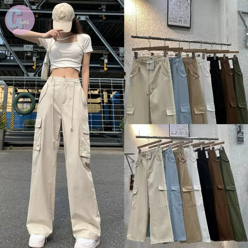 Gang_jeans #8535 (โค้ด GANGAPR ลด 45.-)(พร้อมส่ง📌) กางเกงแฟชั่นเอวสูง เชือกผูก ทรงคาร์โก้ แนวY2K ขาก