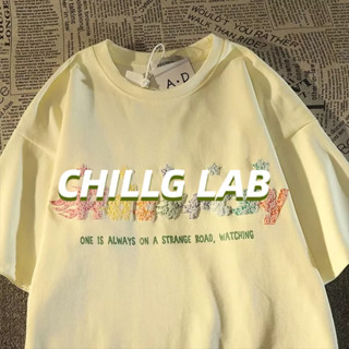 CHILLG LAB แฟชั่นแบรนด์มาตรฐาน INS เยาวชนป๊อปผู้ชายเสื้อยืดฤดูร้อนทุกวันสไตล์เมืองแนวโน้มห้าจุดแขนกลมฮาราจูกุ