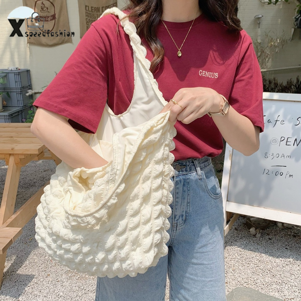 xspeedfashion(X1814) กระเป๋าผ้าย่น ทรงนิ่ม ผ้ายับ สุดน่ารักแนวเกาหลี