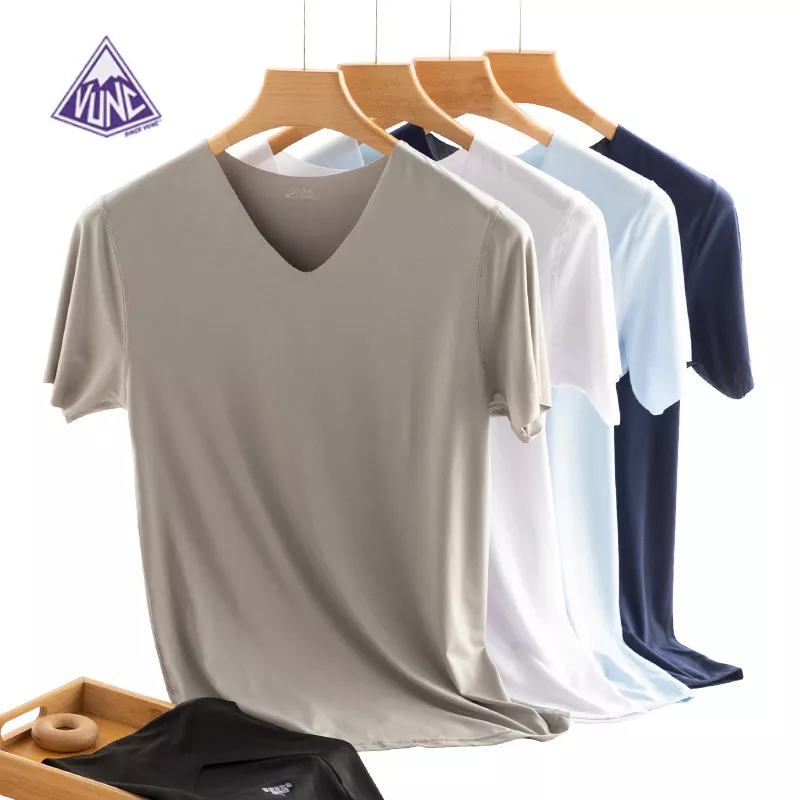VUNC เสื้อยืดผู้ชาย เสื้อยืดแขนสั้นผ้าไอซ์ซิลค์ไร้รอยต่อของผู้ชาย,เสื้อตาข่ายทรงสลิมฟิตยืดหยุ่นบางคอวีแห้งเร็วสำหรับฤดูร้อน