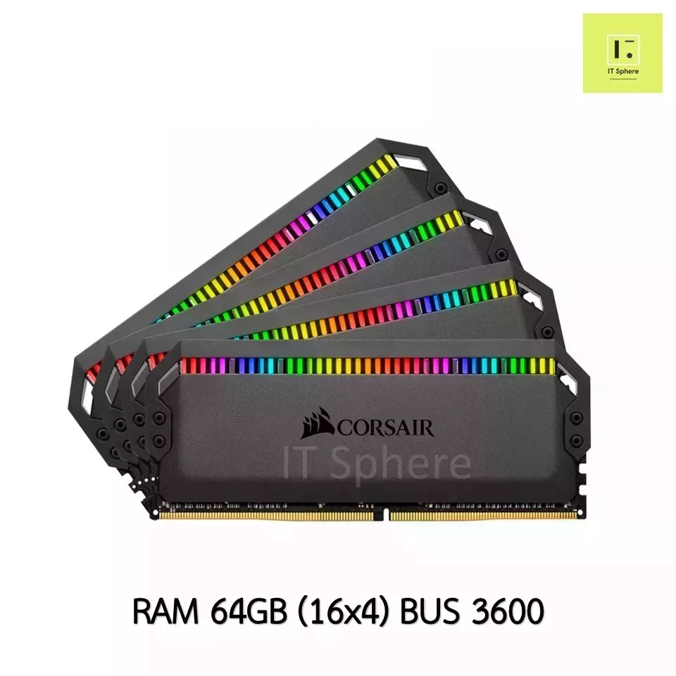 แรม Dominator 64GB Bus 3600 DDR4 สีดำ (RAM CORSAIR DOMINATOR PLATINUM RGB 64GB (4 x 16GB) : CMT64GX4M4K3600C18)