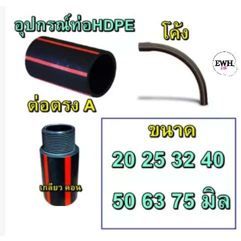 อุปกรณ์ HDPE ต่อตรง A คอนเนตเตอร์ B โค้ง ฝั่งดิน ท่อฝั่งดิน เลือกขนาดได้ 20 25 32 40 50 63 75 มิล สิ