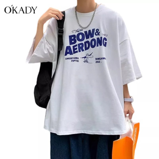 OKADY ฤดูร้อนใหม่ของผู้ชายเสื้อยืดแขนสั้นสไตล์ฮ่องกงหลวมทุกการแข่งขันในลำลองหล่อคอกลมครึ่งแขนด้านบน