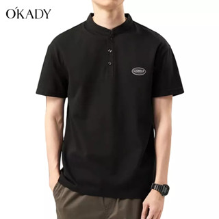 OKADY ฤดูร้อนใหม่ผู้ชายสีทึบแขนห้าจุดวรรณกรรมที่เรียบง่ายแนวโน้มเยาวชนยอดนิยมเสื้อโปโล
