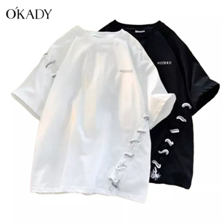 OKADY วรรณกรรมชายฤดูร้อนและศิลปะกระแสน้ำแบรนด์เสื้อยืดเทรนด์เรียบง่ายในวัยรุ่นยอดนิยมแขนห้าส่วนคอกลม