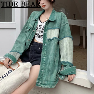 TIDE BEAR เสื้อยีนส์ผู้ชาย อเมริกันเรโทรถนน ความรู้สึกระดับไฮเอนด์ของสีเขียวลูกฟูกเย็บปกแขนยาว