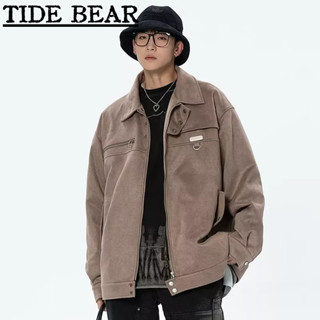 TIDE BEAR เสื้อผู้ชาย เกาหลีย้อนยุคสบายๆ ความรู้สึกระดับไฮเอนด์ของซิปกระดุมเดียวแฟชั่นระบายสีทึบปกแขนยาว