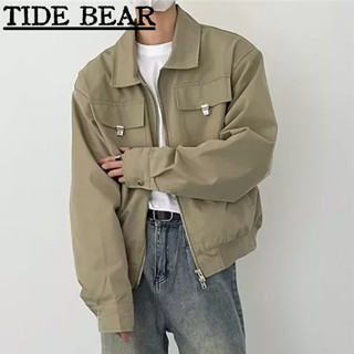 TIDE BEAR เสื้อผู้ชาย เกาหลีย้อนยุคสบายๆ สีทึบปิดแขนคอยืนขึ้นซิปกว้างพิเศษแขนยาวสวมใส่ด้านนอก