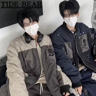 TIDE BEAR เสื้อผู้ชาย อเมริกันเรโทรถนน นำร่องจดหมายพิมพ์เครื่องมือเย็บคู่ฝ้ายเสื้อ