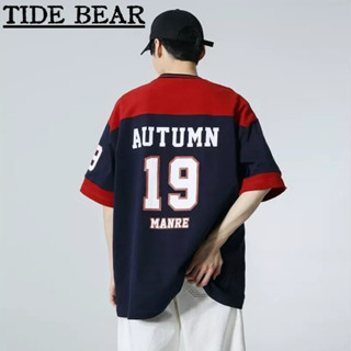 TIDE BEAR เสื้อยืดผู้ชาย อเมริกันย้อนยุคถนนแขนสั้น แข่งชุดพิมพ์ดิจิตอลความคมชัดสีหลวมห้าจุดแขนด้านบน