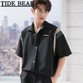 TIDE BEAR เสื้อผู้ชาย เกาหลีย้อนยุคแขนสั้นลำลอง ความคมชัดสีปลั๊กอินความรู้สึกการออกแบบความรู้สึกระดับไฮเอนด์แฟชั่นด้านบน