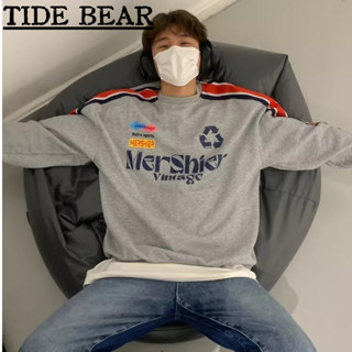 TIDE BEAR เสื้อกันหนาวผู้ชาย อเมริกันย้อนยุคถนนแขนยาว รูปแบบการทำงานลายตัวอักษรพิมพ์แฟชั่นรอบคอเสื้อคู่