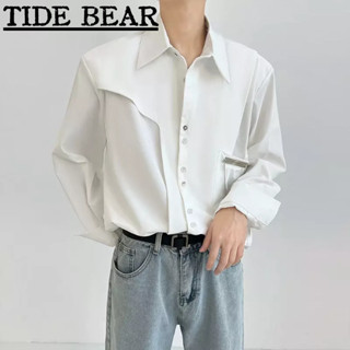 TIDE BEAR เสื้อผู้ชาย เวอร์ชั่นเกาหลีของย้อนยุคลำลองแขนยาว ความรู้สึกระดับไฮเอนด์ของสีทึบเดียว-กระเป๋าห่วงโซ่คอคิวบาแฟชั่นด้านบน