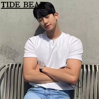 TIDE BEAR เสื้อยืดผู้ชาย เกาหลีย้อนยุคสบายๆ แฟชั่นสูงสีทึบแขนสั้น