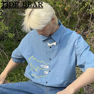 TIDE BEAR เสื้อผู้ชาย เกาหลีย้อนยุคแขนสั้น ฮิปฮอปลายปักเสื้อลำลองคู่