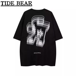 TIDE BEAR เสื้อผู้ชาย เกาหลีย้อนยุคแขนสั้น จดหมายพิมพ์ผีคู่ลำลองด้านบน