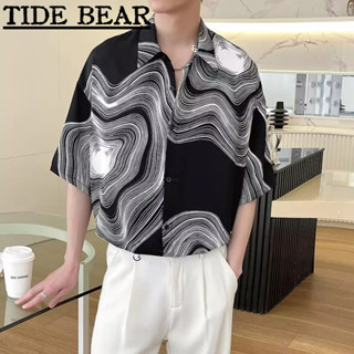 TIDE BEAR เสื้อผู้ชาย  เกาหลีย้อนยุคสบายๆ พิมพ์นามธรรมแฟชั่นสูงแขนสั้น