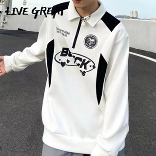 LIVE GREAT เสื้อกันหนาวผู้ชายแฟชั่นใหม่ออกแบบเฉพาะประกบด้านบนหลวมสบาย ๆ ทั้งหมดตรงกับเสื้อโปโลรถจักรยานยนต์ย้อนยุคอเมริกัน