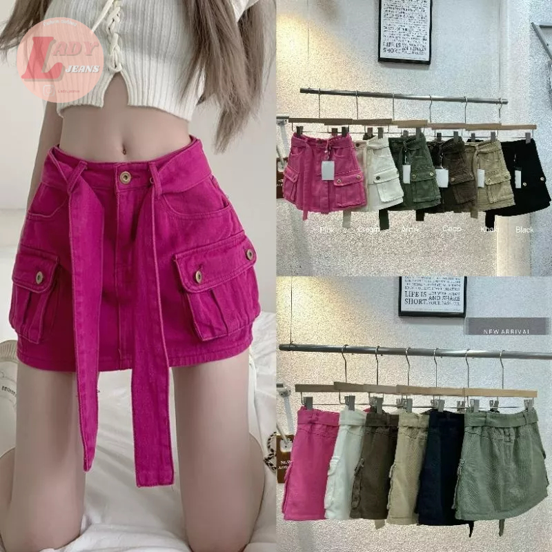 LADY_JEANS#1755(โค้ด LADYJMAY ลด 15%)กระโปรงแฟชั่นเอวสูง แนวคาร์โก้ มีซับใน กระเป๋า ผู้หญิงกระโปรงพร้อม