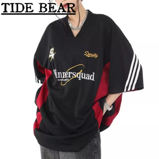 TIDE BEAR เสื้อยืดผู้ชาย อเมริกันถนนเสื้อดิจิตอลองค์ประกอบที่เรียบง่ายแฟชั่นคู่อารมณ์แนวโน้มด้านบนหลวม