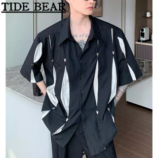 TIDE BEAR เสื้อผู้ชาย เวอร์ชั่นเกาหลีของย้อนยุคปกสั้น-แขนแยกสีที่ตรงกับโลหะระดับไฮเอนด์แฟชั่นชั้นนำ