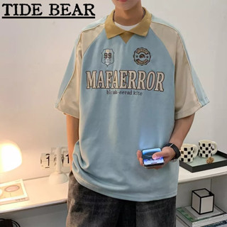 TIDE BEAR เสื้อโปโลผู้ชาย อเมริกันย้อนยุคถนนออกแบบแขนสั้นฤดูร้อนเย็บคมชัดสีปกด้านบนหลวม