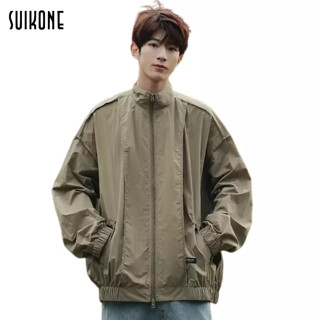 Suikone  เสื้อแจ็คเก็ตแขนยาวผู้ชายสไตล์ญี่ปุ่นฮาราจูกุสีทึบเสื้อแจ็คเก็ตคอเบสบอลแบบเรียบง่าย