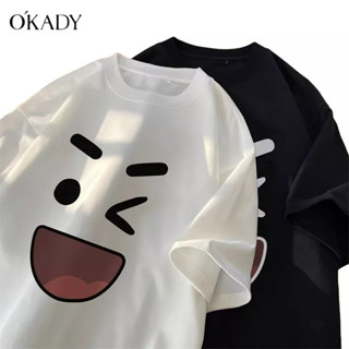 OKADY เสื้อยืดคอกลมแขนสั้นสไตล์ฮ่องกงโอเวอร์ไซส์ผู้ชายสนุกทุกแมตช์เสื้อคู่หลวมสบาย ๆ