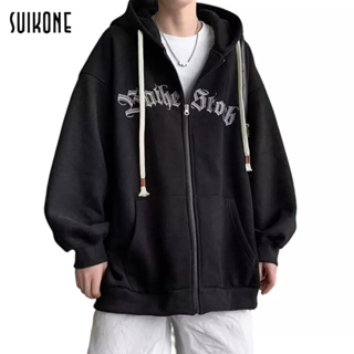 Suikone   เสื้อแจ็คเก็ตผู้ชายแขนยาวสไตล์อเมริกันเรโทรที่ทันสมัยและเป็นที่นิยมพิมพ์ตัวอักษรง่าย ๆ เสื้อแจ็คเก็ตแขนยาวหลวม ๆ ใส่ได้ทั้งชายและหญิง