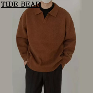 TIDE BEAR เสื้อกันหนาวผู้ชาย สไตล์เกาหลีย้อนยุคสีทึบ ปกแขนยาวสบายๆหลวมถักด้านบน