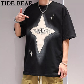 TIDE BEAR เสื้อยืดผู้ชาย อเมริกันเรโทรถนน ดาวแพทช์คู่หลวมแขนห้าจุดรอบคอด้านบน