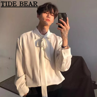 TIDE BEAR เสื้อผู้ชาย เกาหลีย้อนยุคสบายๆ ความรู้สึกระดับไฮเอนด์ของสีทึบน้ำแข็งผ้าไหมคู่หลวมแฟชั่นยาว-แขนด้านบน